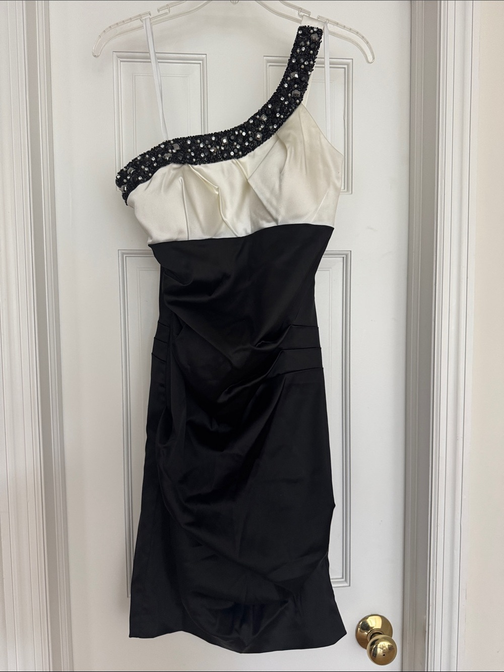 Betsy & Adam Black and Cream One-Shoulder Cocktail Dress with Jeweled Strap